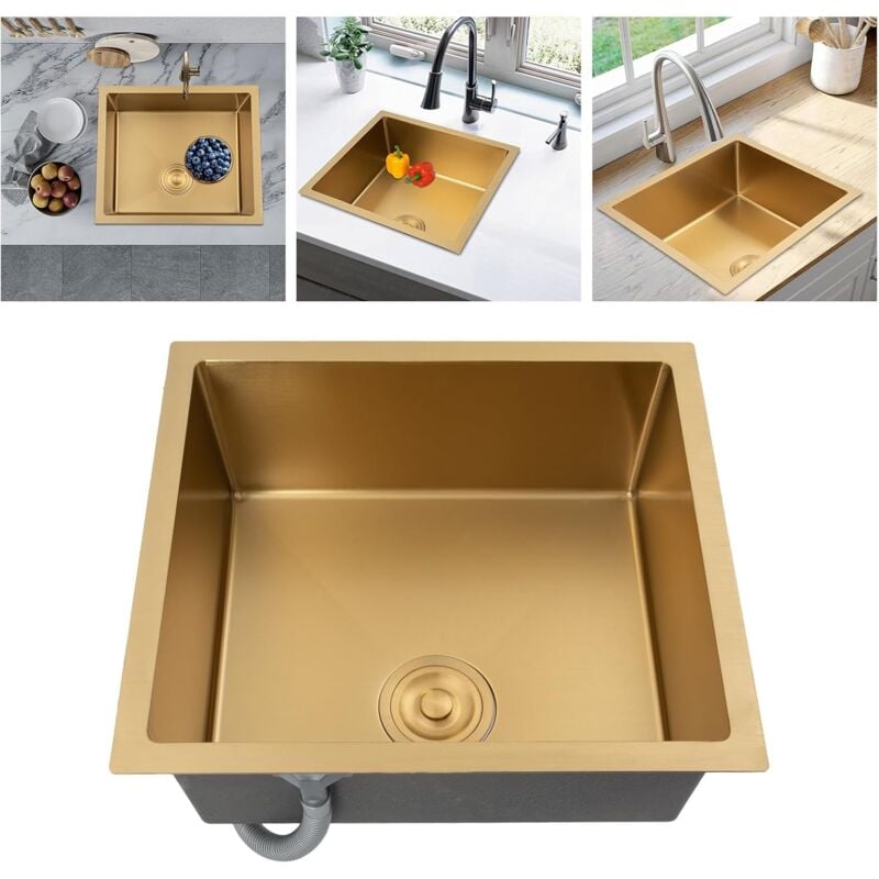 Gojoy - vier doré en acier inoxydable - Carré encastrable ou encastré avec filtre de vidange - Lavabo de balcon sous évier de cuisine - 50 x 45 cm