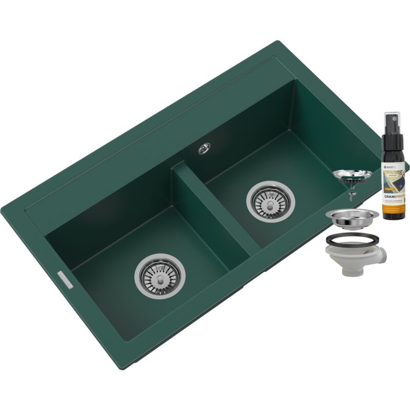 Granitan - vier double bac en granit bouteille vert évier duet siphon