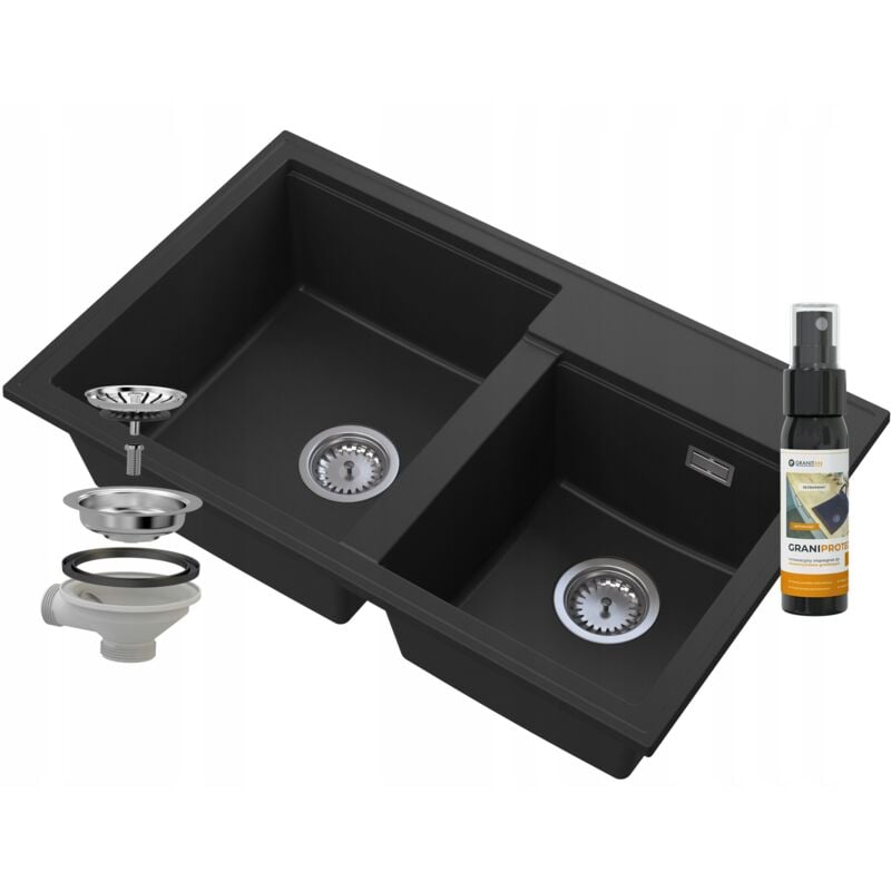 Granitan - vier double bac granit noir siphon chrome hector