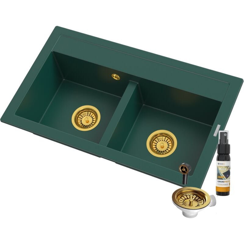 Granitan - vier double cuve en granit évier vert bouteille siphon or duet