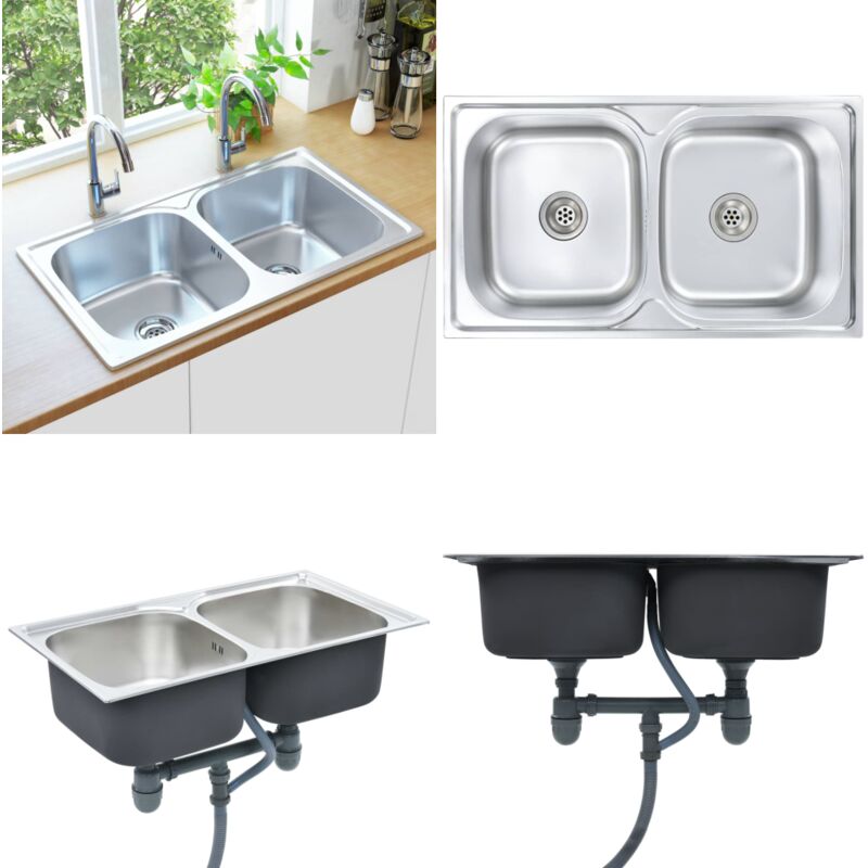 Vidaxl - vier double de cuisine avec crépine et piège Acier inoxydable - évier de cuisine - éviers de cuisine - Home & Living - Argent