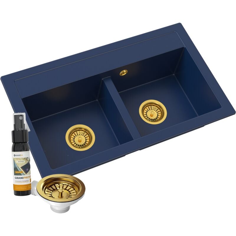Granitan - vier double en granit évier bleu marine siphon gold duet