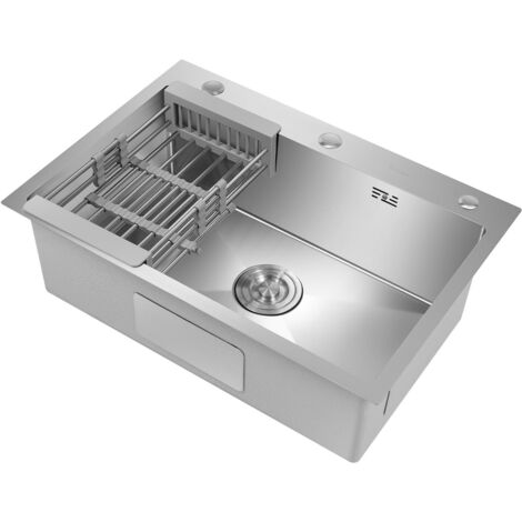 Évier en acier inoxydable, 66 x 45 cm, évier de cuisine, évier à vaisselle, modèle encastrable, équipé d'une grille rabattable, évier à poser
