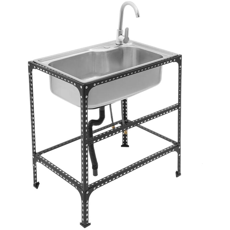Évier en acier inoxydable avec robinets, Évier autonome, Évier de cuisine Pour restaurant, cuisine, maison, hôtel, bar, café, buanderie, jardin, 71 x