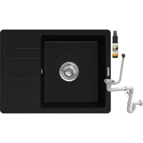 Évier en granit 1 bac avec égouttoir Granitan Paros - Kit évier + siphon chromé
