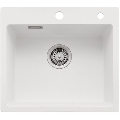 AURALUM MAX Évier en granit 50 x 45 cm, évier en granit blanc, petit évier en granit à encastrer avec siphon et trop-plein