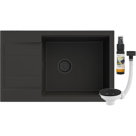 Évier en granit avec égouttoir Granitan LOUIS Noir avec siphon noir 1 bac et imperméabilisant offert