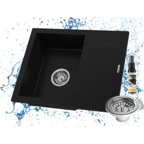 GRANITAN Évier en granit BELLO noir avec vidage manuel chromé et imprégnant GraniProtect - Dimensions 570x470 mm