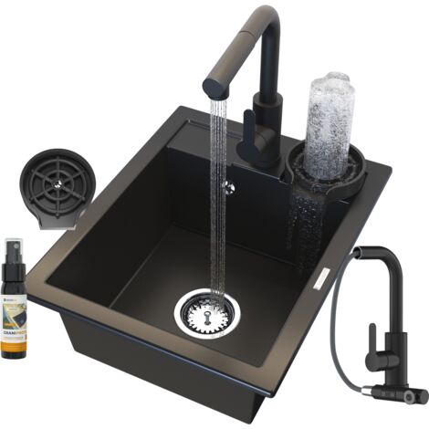 Évier en granit BEST noir avec robinet ERBO noir, lave-verres, siphon mural et produit d'entretien GraniProtect - Ensemble cuisine complet.