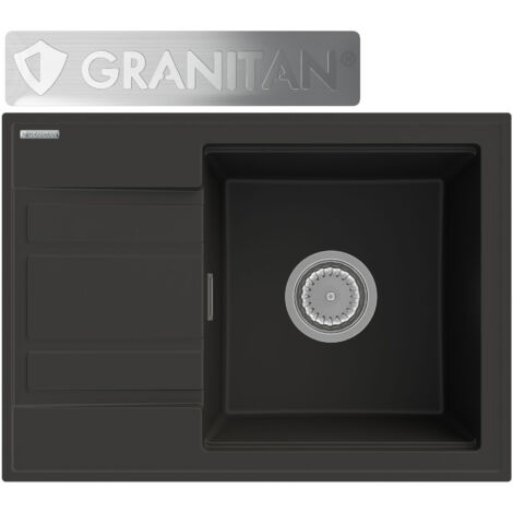 ÉVIER EN GRANIT ÉGOUTTOIR NOIR + SIPHON DOUCHETTE CHROMÉE