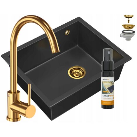 Évier en granit encastrable Granitan Salix Noir Robinet Beta Or Siphon Doré 1 Bac