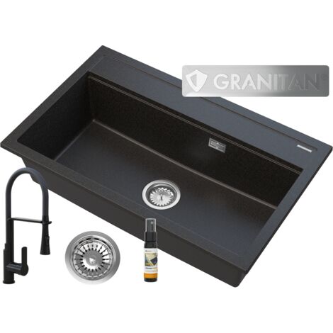 ÉVIER EN GRANIT GRAND BOL OR NOIR AVEC MOUCHETURES ROBINET SIPHON ASTI