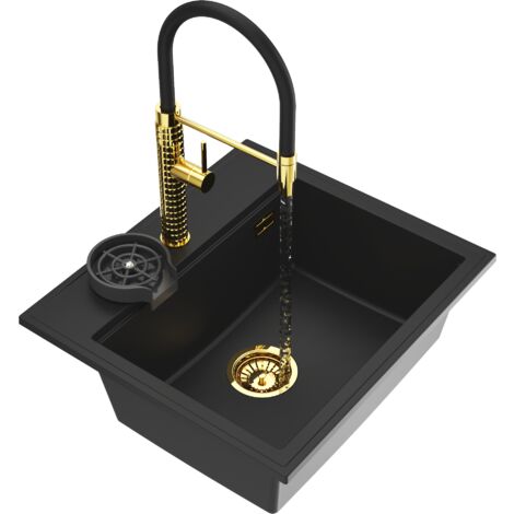 Évier en Granit Granitan Foxal avec Robinetterie Dorée, Rince-Verres et Siphon, Noir, 1 Bac