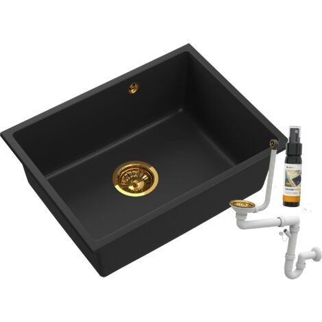 Évier en Granit Granitan Manado60 avec Siphon Doré et GraniProtect - Noir, Montage Sous-Plan