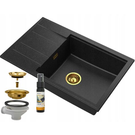 Évier en granit Louis 1 bac avec égouttoir, siphon inclus, finition dorée, design réversible