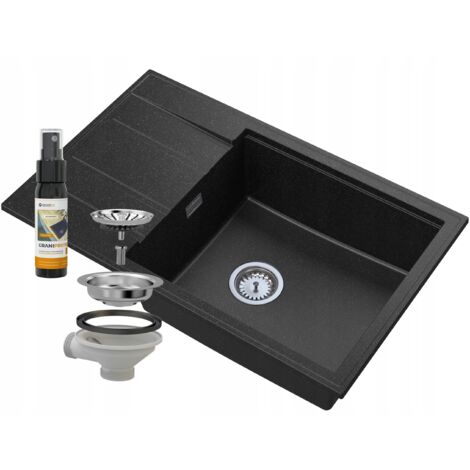 Évier en granit Louis 1 bac avec égouttoir, siphon manuel chromé et imperméabilisant GraniProtect 30 ml - 5 coloris au choix
