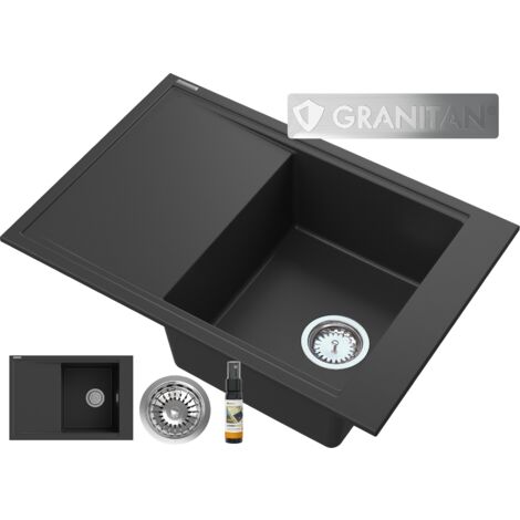Évier en granit noir 1 bac avec égouttoir réversible LEPE 70x48 cm siphon inclus