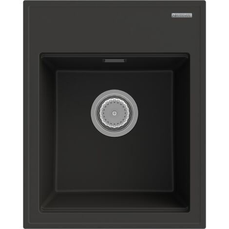 Évier en Granit Noir 1 Bac Sans Égouttoir Alor avec Siphon Manuel Chromé et Trop-Plein Rectangulaire - 500x400 mm