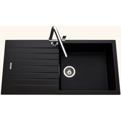 Évier en granit noir 100x50 cm – 1 bac réversible avec égouttoir – Évier à encastrer avec bonde et siphon inclus – Luisina