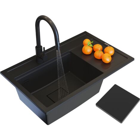 Évier en granit noir avec égouttoir à gauche Granitan Rendo 1 bac + robinetterie avec douchette et siphon