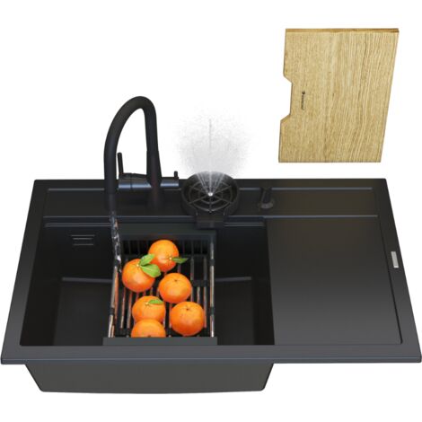Évier en Granit Noir avec Égouttoir et Accessoires Rendo - Baignoire Unique, Robinet 3 en 1, Distributeur, Brosse, Planche en Chêne et Égouttoir Téléscopique
