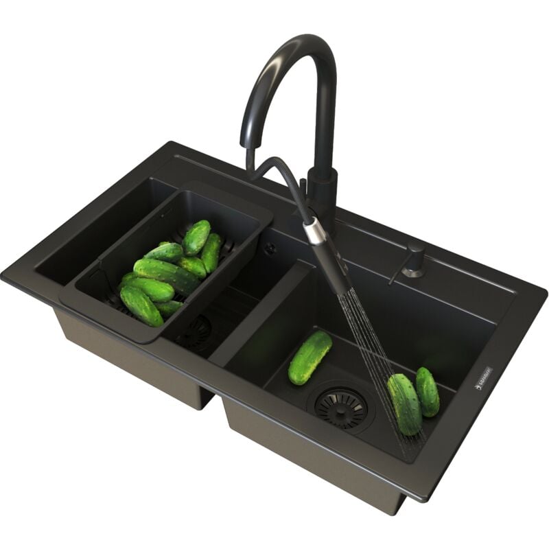 Granitan - vier en granit noir Évier double avec égouttoir mitigeur de cuisine duet