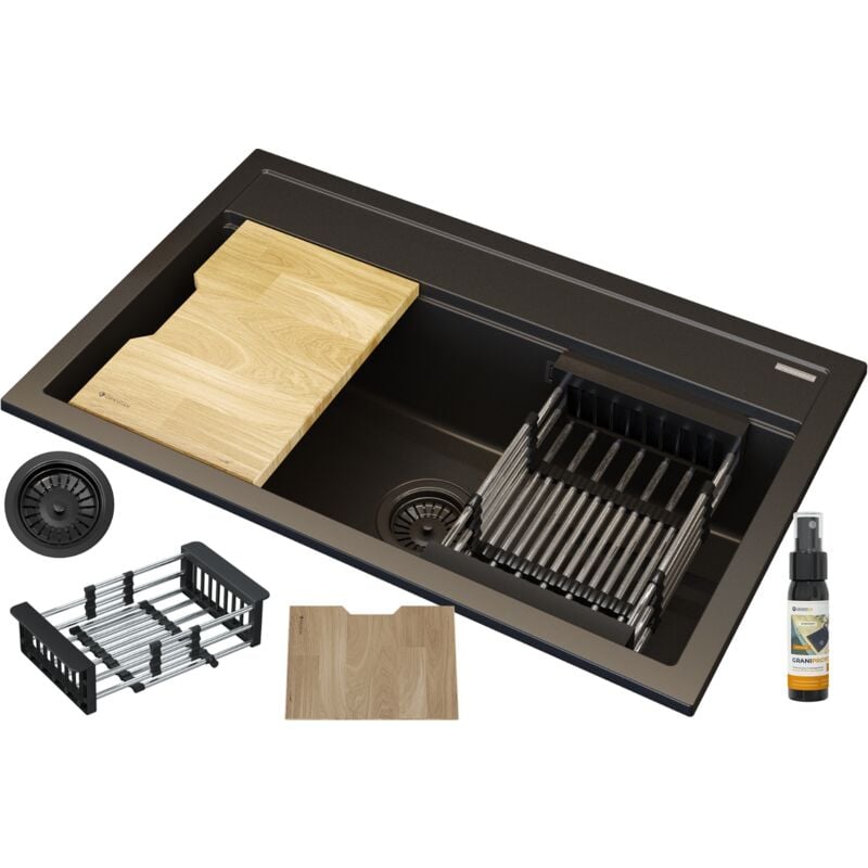 Granitan - vier en granit noir grande planche en bois égouttoir siphon set asti