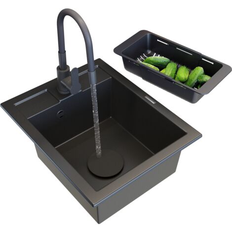 Évier en Granit Noir Granitan Best avec Robinet de Cuisine Grado, Panier Pliable et Cache-Ouverture - 1 Trou Pré-percé
