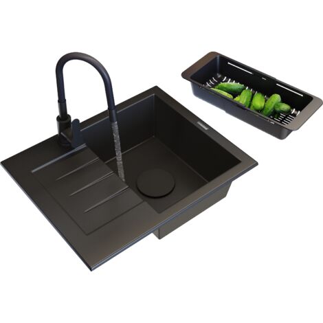 Évier en Granit Noir Granitan Milano avec Robinet, Panier et Siphon - 57,4x47 cm