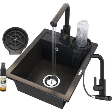 ÉVIER EN GRANIT NOIR ROBINET DE CUISINE LAVEUSE SIPHON SET BEST