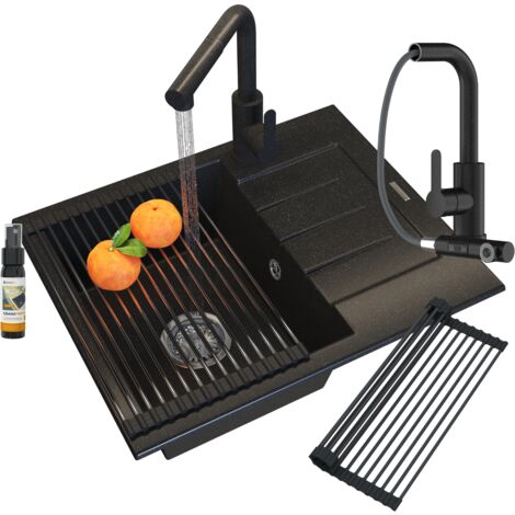 ÉVIER EN GRANIT NOIR ROBINET DE CUISINE MAT SIPHON SET MILANO