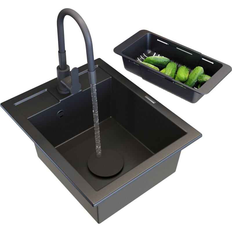 Évier En Granit Robinet De Cuisine Noir Mitigeur Panier Set Best