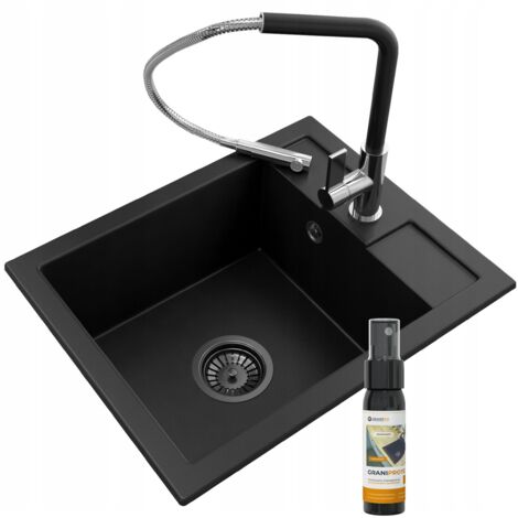 ÉVIER EN GRANIT + ROBINET NOIR + SIPHON NOIR