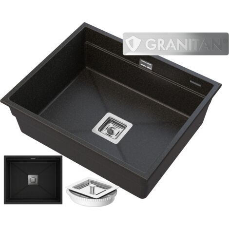 Évier en Granit Sous-Plan 1 Bac Granitan Epir 60 Noir avec Paillettes Dorées et Siphon Carré