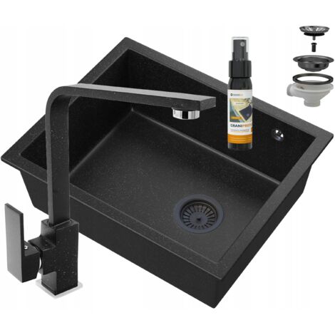 Évier en granit sous-plan Granitan Salix Noir + Mitigeur Nook Noir avec Douchette + Siphon Noir + Produit d'entretien GraniProtect