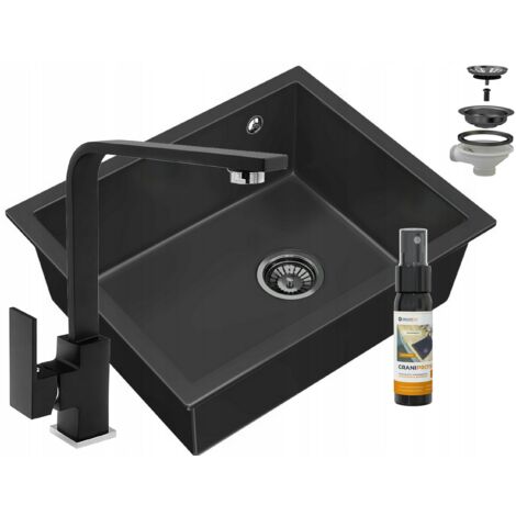 Évier en granit sous-plan Granitan Salix Noir Robinet Nook Noir Siphon Noir 1 bac + Imprégnant GraniProtect 30 ml