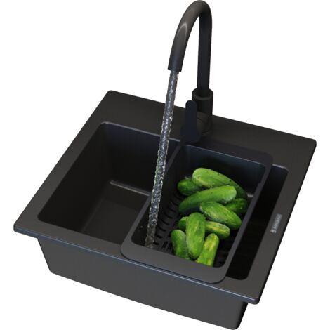Évier en granit Teor Granitan avec mitigeur noir, siphon et panier pliable