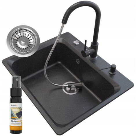 Évier en granit ZANTE avec mitigeur SNAKE et siphon – 1 bac, noir, 619x522 mm.