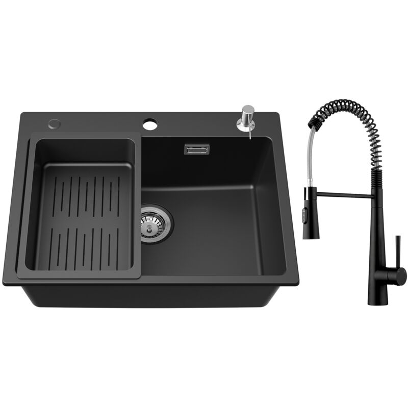 Cecipa Max - Evier en Quartz et Résine 6045cm, avec Panier de Vidange et Distributeur de Savon + Noir Mitigeur Cuisine à Ressort avec 3 Modes de