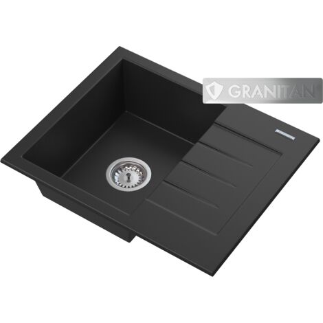Évier Encastrable en Granite Noir MILANO avec Égouttoir et Siphon Manuel - 1 Bac à Gauche - Inclut Produit d’Imprégnation GraniProtect