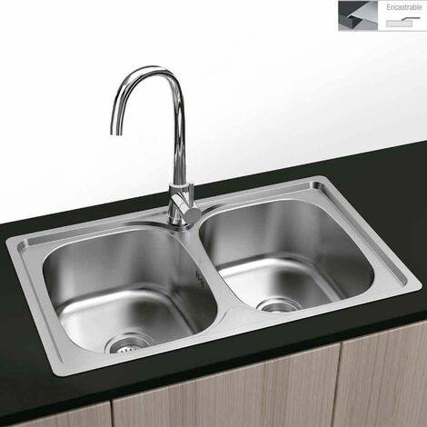 Evier encastré carré - 2 cuves 80x44 - Dublin - Acier inoxydable