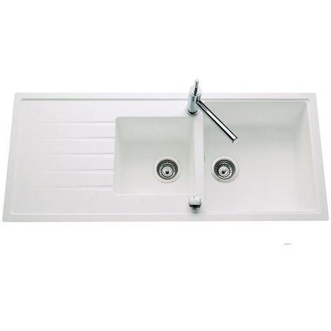 Évier granit blanc 116x50 cm – 2 bacs réversibles – Évier à encastrer avec bonde et siphon inclus – Pour meuble sous évier 90 cm – EWI