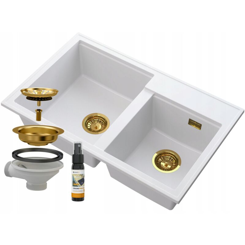 Granitan - vier de cuisine en granit blanc 2 compartiments avec siphon Golden Hector