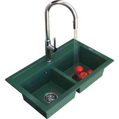 Évier Granit Double Bac Granitan Duet Vert Bouteille avec Robinet Prati et Siphon Inclus