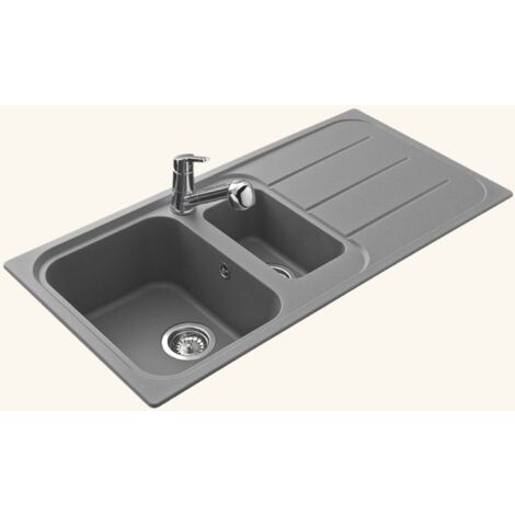 Évier granit gris 100x50 cm à encastrer – 1 bac 1/2 réversible avec égouttoir – Bonde et siphon inclus – Pour meuble sous évier 60 cm – EWI