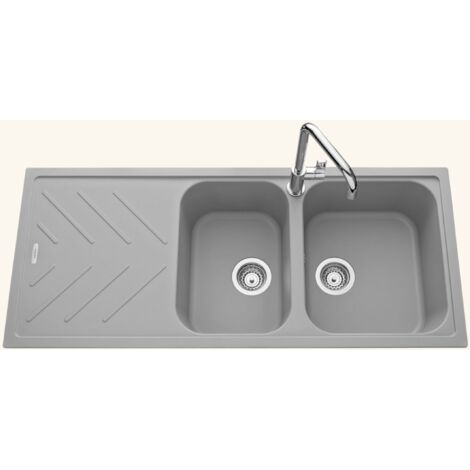 Évier granit gris 116x50 cm à encastrer – 2 bacs réversibles – Bonde et siphon inclus – Pour meuble sous évier 80 cm minimum – Luisina