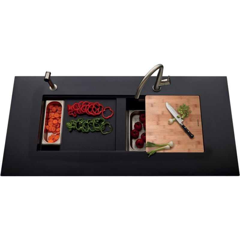 Luisina - Evier granit lounge noir 1 grand bac et demi + 1 égouttoir - Planche en bambou incluse