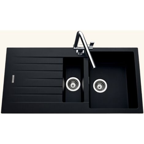 Évier granit noir 1 bac 1/2 – Évier encastrable 100x50 cm – Réversible avec vidage manuel – Bonde et siphon inclus – Luisina