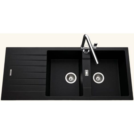Évier granit noir 116x50 cm – 2 bacs réversibles – Évier à encastrer avec bonde et siphon inclus – Pour meuble sous évier 80 cm minimum – Luisina