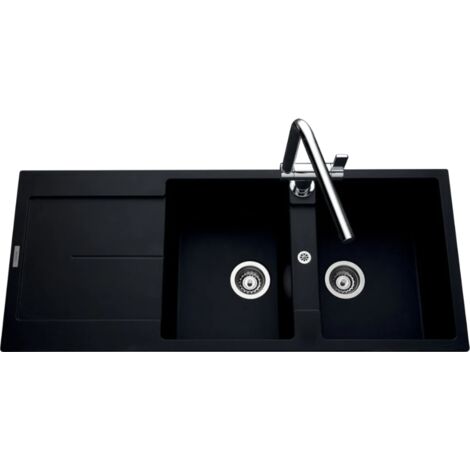 Évier granit noir 116x50 cm – 2 bacs réversibles – Évier à encastrer avec bonde et siphon inclus – Pour meuble sous évier 80 cm minimum – Luisina
